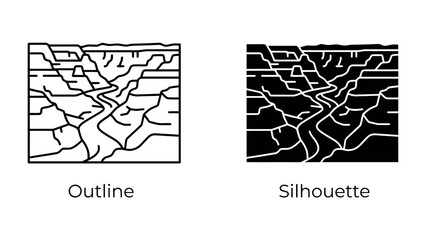 Canyon Outline and Silhouette: A striking illustration of a canyon featuring a riverbed, presented in both a clean outline and a stark silhouette. © Ajhar234