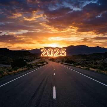 Illuminated 2025 sign on highway road at sunset.