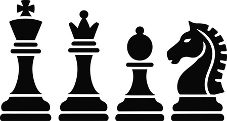 Classic Chess Pieces Silhouette Vector Illustration Featuring King, Queen, Pawn and Knight for Strategy, Board Game and Competition © MstDulali