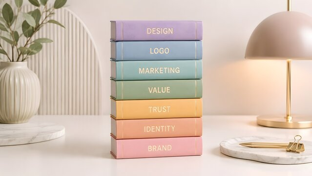 Pastel colored books stacked with marketing and brand identity concepts on a modern desk with lamp.