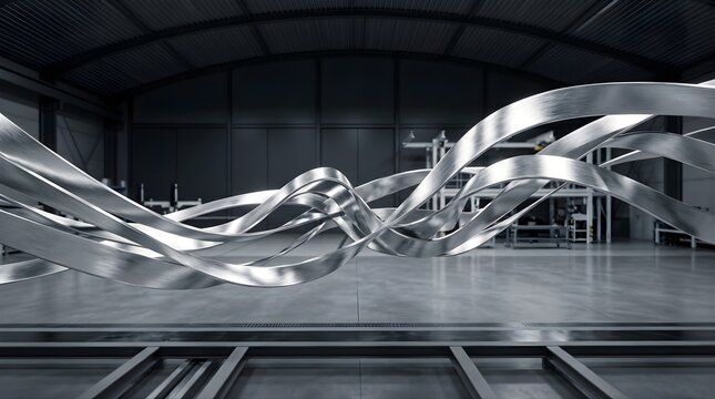 Metallic ribbons flowing in a modern industrial factory warehouse setting