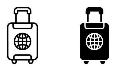 Two suitcase icons, one outline and one solid black, featuring a globe emblem, representing travel and global journeys, perfect for tourism and adventure themes. © Saifa