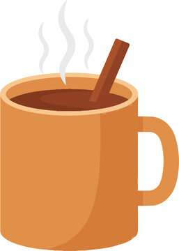 A warm brown mug of hot cocoa or chocolate with a cinnamon stick and steam rising, perfect for cozy winter designs or holiday illustrations