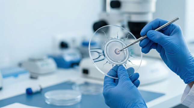 Fertility laboratory IVF embryo microscope scientist petri dish Fertility laboratory scene with gloved scientist using microscope tools to handle embryo petri dish for IVF research, clinical