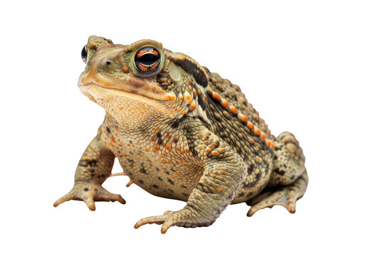 A detailed brown toad with orange spots sitting still on a flat surface isolated on transparent background