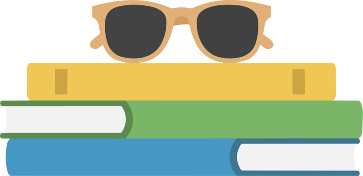 Isolated stack of colorful books with sunglasses on top, representing summer reading, education, or vacation leisure