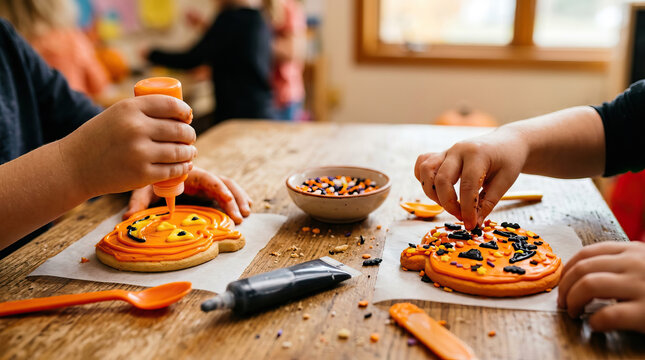 Halloween classroom activities cookie decoration orange black children hands table festive fun creative food celebration party icing sprinkle sweet treat holiday pumpkin kid play art craft indoors