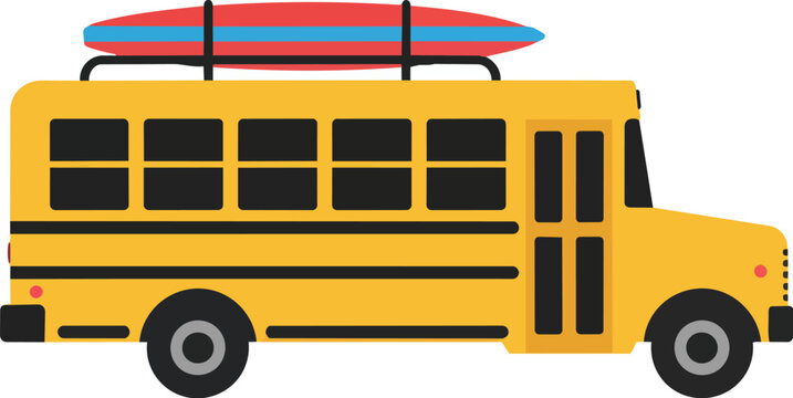 School bus with surfboard on top, symbolizing summer vacation, beach travel, and educational trips, perfect for transportation or holiday themes