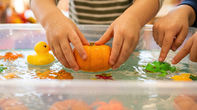 Halloween classroom activities pumpkin water toy child hands frog duck play orange green plastic tub education learning fun seasonal autumn kids game small decoration celebration holiday preschool