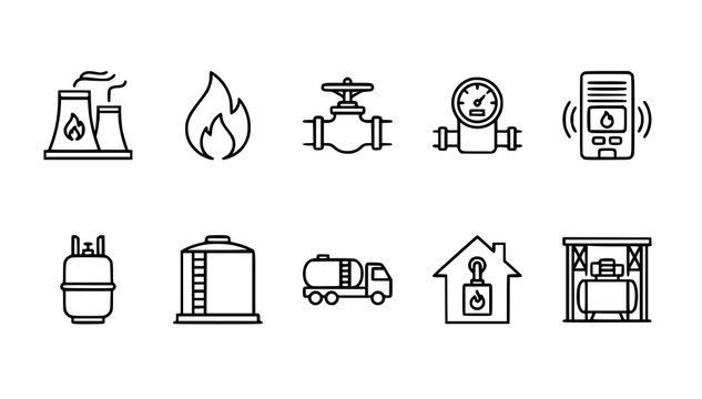 Natural Gas Line Icon Set with LPG Pipeline and Energy Symbols Vector Illustration