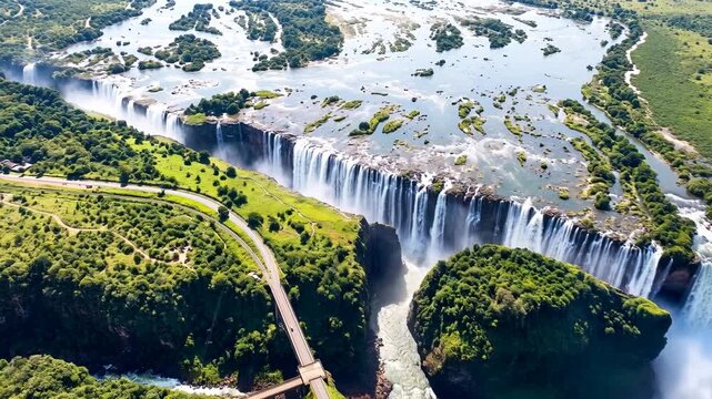 Aerial view of massive waterfall cascading into deep gorge surrounded by lush green tropical rainforest vegetation landscape