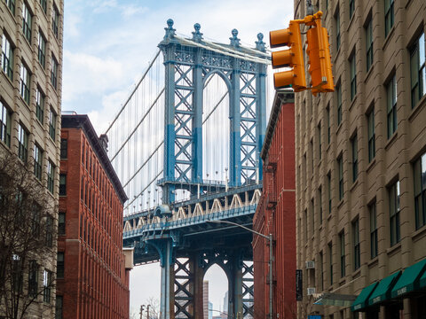 vibrant view on Dumbo bridge New York