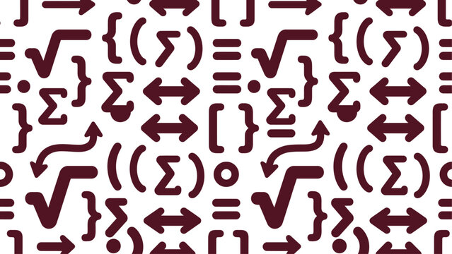 Abstract seamless pattern of mathematical symbols (integrals, sums, square roots, arrows) on white background in maroon. Flat vector illustration EPS 10.