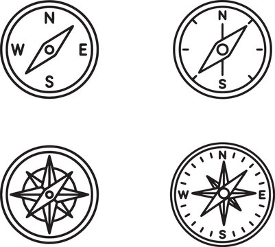 Set of four navigational compass icons in linear style with navigation, nautical