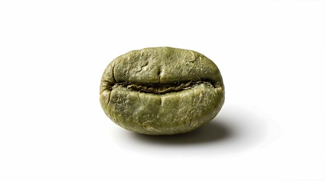 Single raw green coffee bean isolated on white background