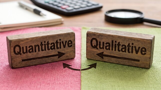 Quantitative and Qualitative research concept on wooden blocks, data analysis methods in business, academic study tools with calculator and magnifying glass