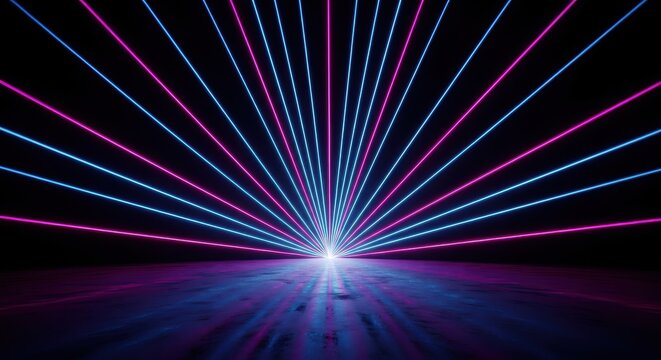 Futuristic Neon Laser Light Show with Blue and Pink Rays Reflecting on Dark Textured Floor Background