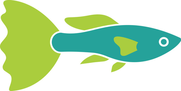 A vibrant green and teal guppy fish with distinctive tail fins swimming, a freshwater aquarium pet illustration