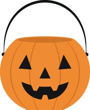 A happy smiling jack o'lantern pumpkin basket with a black handle, ideal for Halloween trick-or-treating and festive decorations