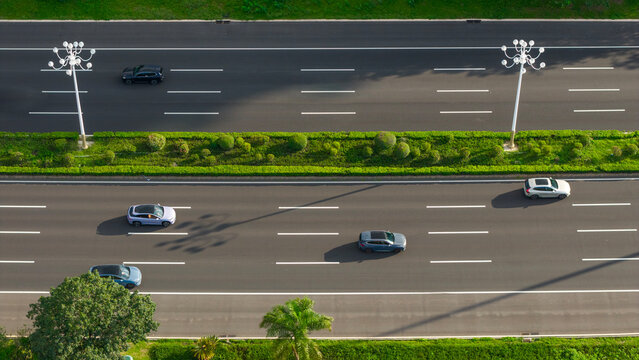 Aerial Top View of Car Traffic on Two-Way Multi-Lane Urban Main Road