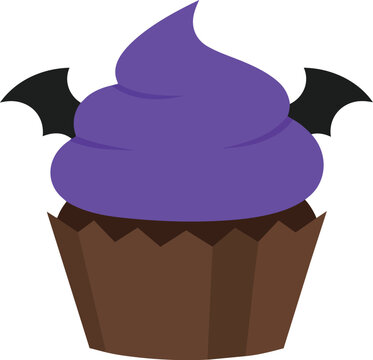Halloween purple cupcake with bat wings, spooky party dessert, festive treat, isolated sweet baked good, fun celebration food design element