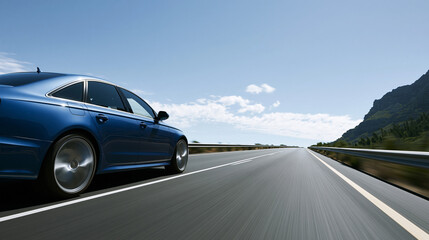 Naklejka premium Rear view of a blue business car turning sharply along a high-speed highway, professional automotive concept, with copy space