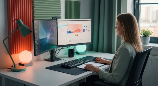 Young Woman Working On Computer In Modern Home Office