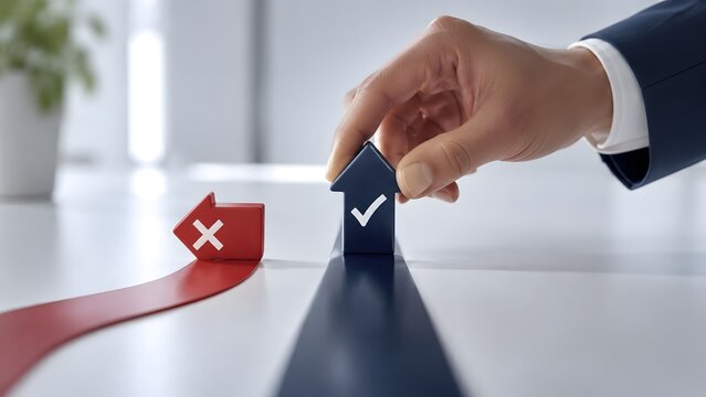 Businessman hand placing blue checkmark arrow block next to red cross block representing right decision and success.