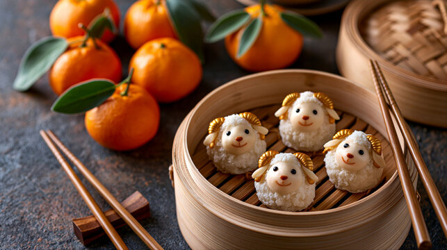 Cute sheep shaped jiaozi dumplings with fresh tangerines and chopsticks. 2027 Year of the Goat. Chinese New Year food concept. Close-up still life shot for poster, restaurant, menu