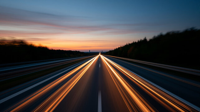 Long exposure photograph of a road glowing with passing vehicle light trails beneath a colorful sky, with copy space