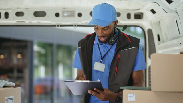 A delivery worker sorts and manages packages inside a van at a busy location. He wears a cap and headphones while focusing on his task. The environment is lively and active.