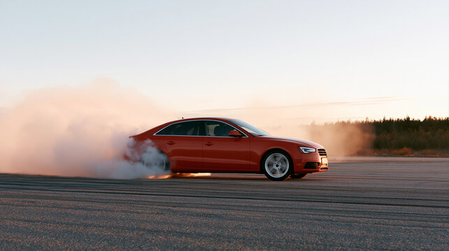 Drift car spinning with thick tire smoke on a professional speed track, motorsport drifting concept, with copy space