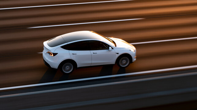 Modern electric crossover vehicle driving along a highway at high speed, eco-conscious automotive concept, with copy space