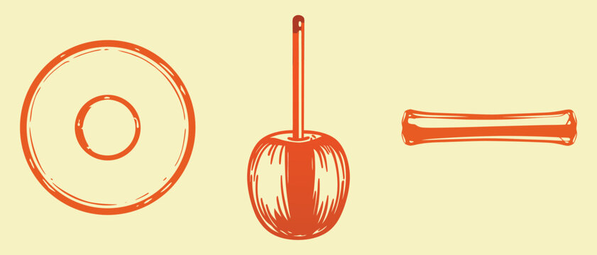 Three halloween symbols a donut, a candy apple with a stick, and a single bone on a light orange background.