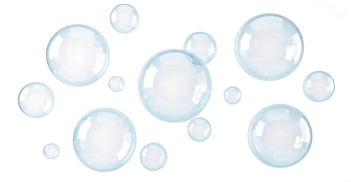 Group of clear water soap bubbles isolated on white background with soap sud transparent floating