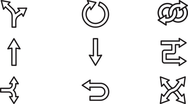 Set of various direction arrows and navigation symbols in thin line style