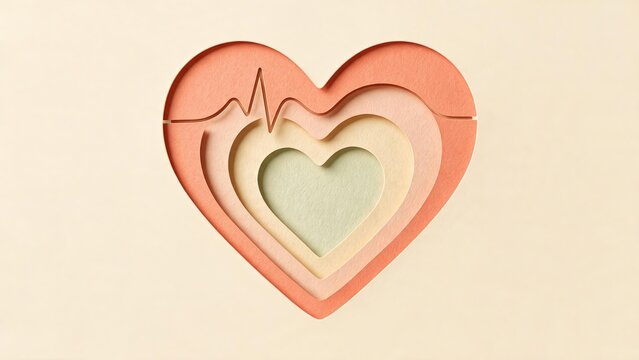 Decorative layered paper-cut heart illustration in coral and red tones on cream background, healthcare and love concept
