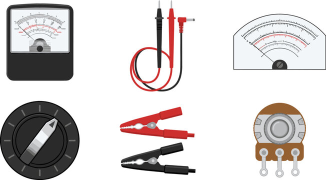 Analog Multimeter Testing Equipment Set Featuring Voltmeter Dial Gauge Test Leads Alligator Clips Potentiometer Rotary Knob and Electronic Measurement Tool Vectors