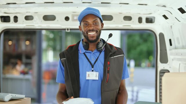 A man stands in a van, holding a food container while smiling. He wears a uniform and is ready to deliver food at a local restaurant. The area is busy with activity around him.