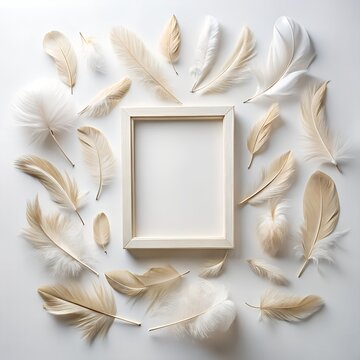 A Blank Rectangular Frame Surrounded By Delicate Soft Beige And White Feathers