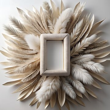 An Elegant Empty Vertical Picture Frame Surrounded By Soft Beige Decorative Feathers