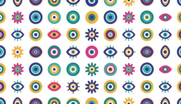 Colorful seamless pattern of traditional evil eye protection symbols in various geometric designs on a white background.
