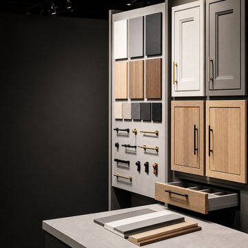 Modern cabinet furniture material samples on a showroom wall
