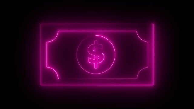 Glowing neon line bank note dollar icon isolated on black background. dollar banknote icon. stacked dollar bills representing finance, banking,savings, and economic wealth concept.4k animation video.