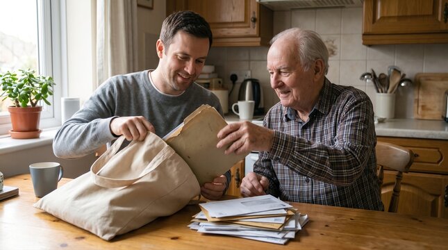 Canvas tote packing financial documents with adult son and elderly mother