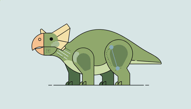 Green stylized protoceratops dinosaur is illustrated with geometric patterns against a calm light blue background.