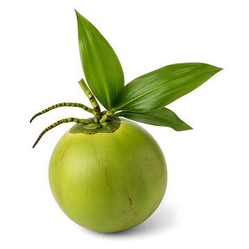 Fresh whole green young coconut with palm leaves tropical isolated background nutrition vegetarian beverage clipping ingredient