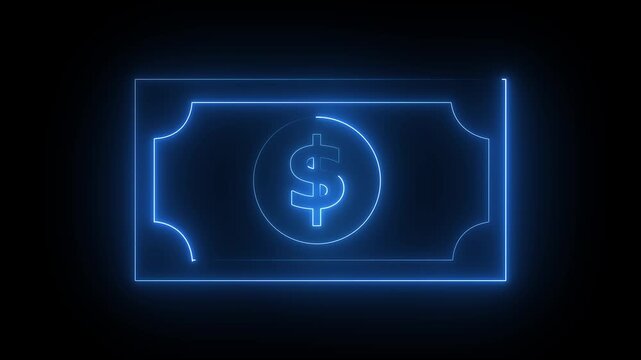 Glowing neon line bank note dollar icon isolated on black background. dollar banknote icon. stacked dollar bills representing finance, banking,savings, and economic wealth concept.4k animation video.