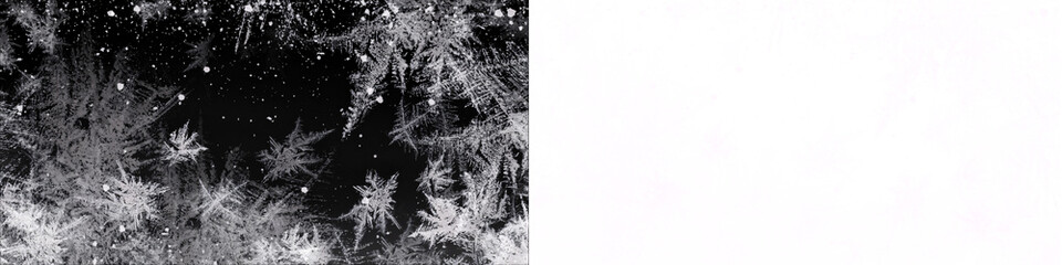 Beautiful ice frost pattern with snowflakes on black background, winter frozen texture, cold weather design element, natural ice formation or christmas new year design