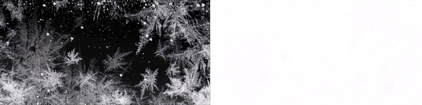 Beautiful ice frost pattern with snowflakes on black background, winter frozen texture, cold weather design element, natural ice formation.